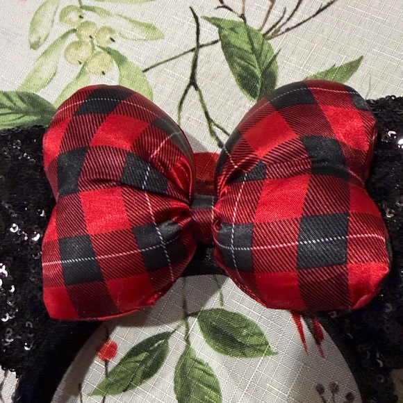 Disney Minnie Holiday Black Sequin Ears with Red Plaid Bow Headband - Picture 2 of 7